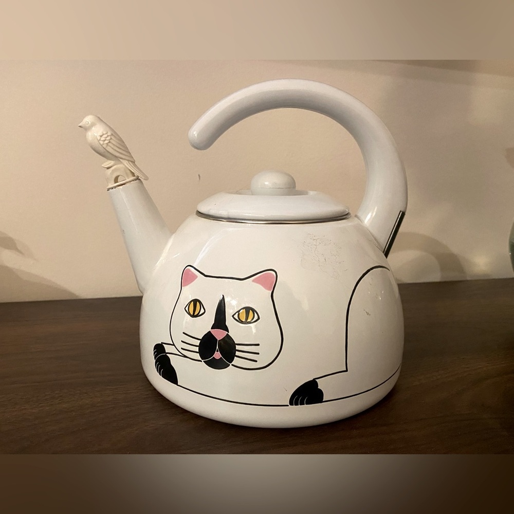 Vintage Kamenstein Cat Enameled Tea Kettle with Whistling Bird Spout